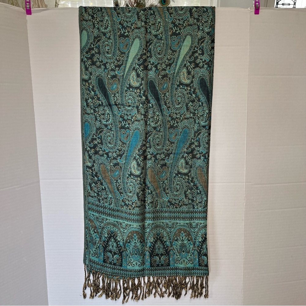 Pashmina 100% Cashmere blue Paisley scarf wrap with fringe 28” x 77” - Picture 7 of 8